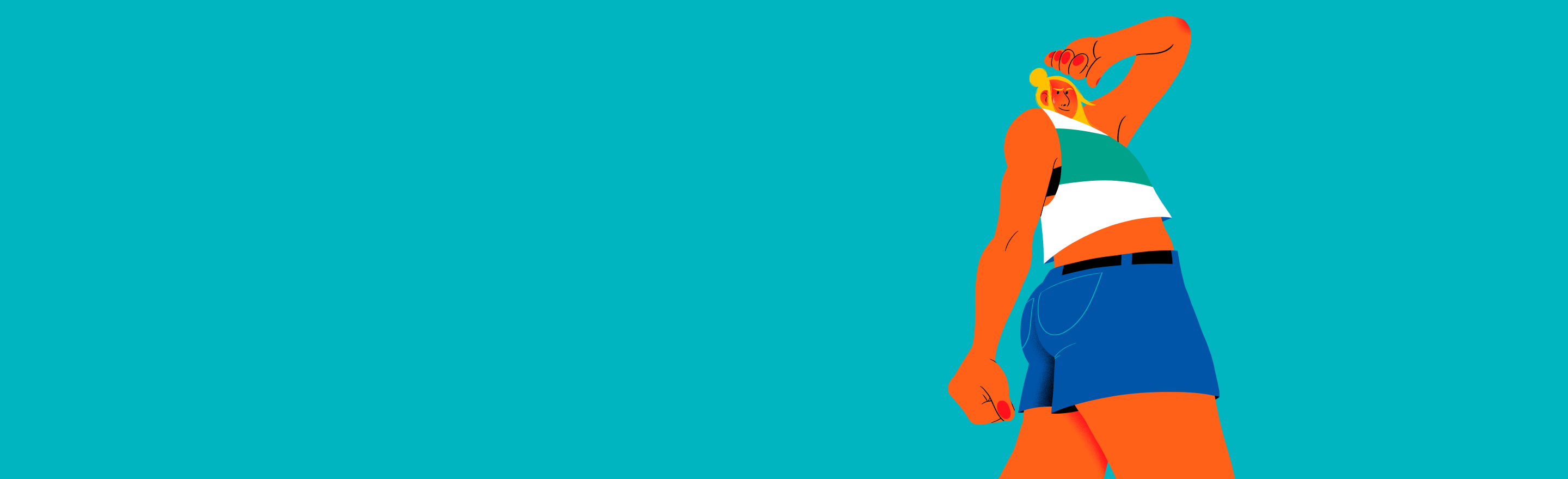 Woman in shorts and sleeveless top striking a strong pose, with her hand raised to her head