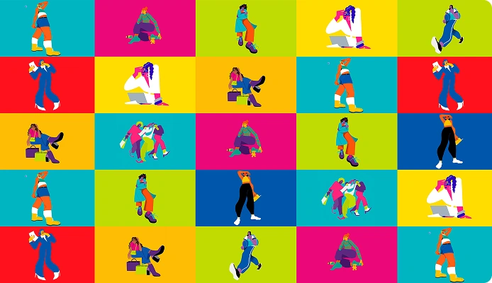 Video thumbnail with illustrations of women on colourful backgrounds symbolising different experiences of iron deficiency