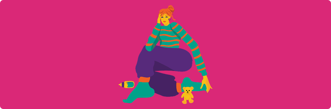 Woman sitting on the floor, resting her head on her hand, with a baby bottle and a teddy bear by her feet