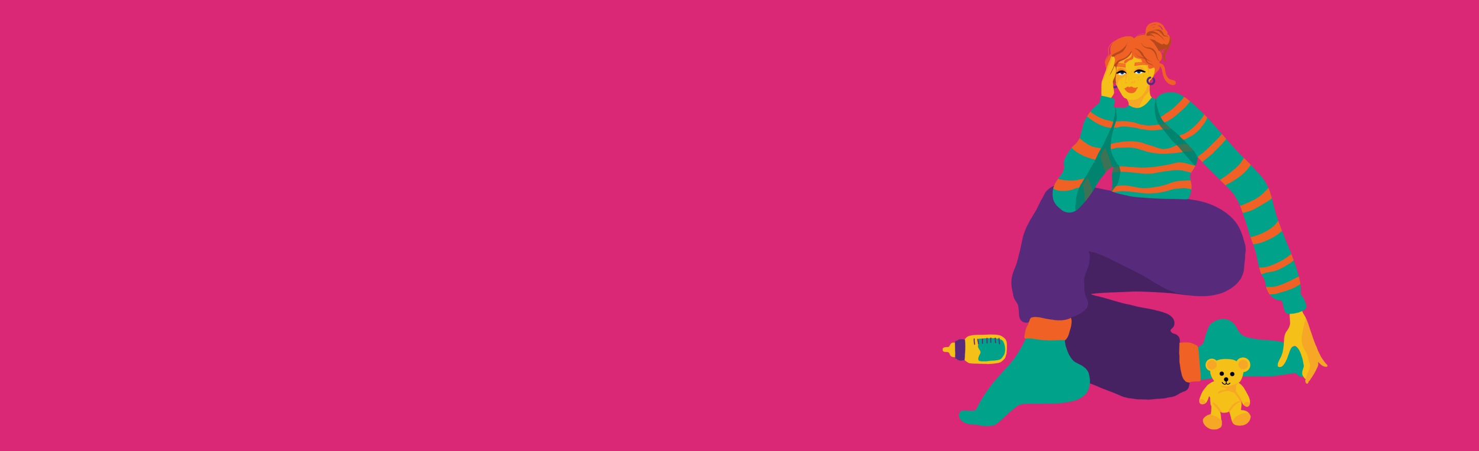 Woman sitting on the floor, resting her head on her hand, with a baby bottle and a teddy bear by her feet