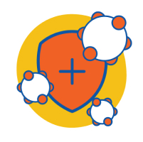 Shield with medical cross and three microbes for immune support