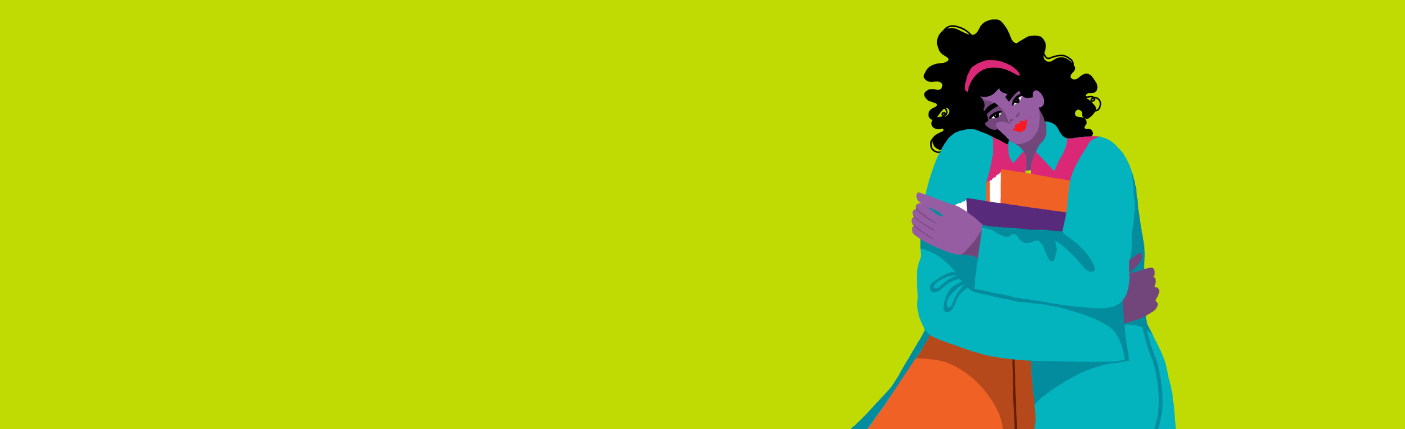 Woman with curly hair in blue coat and orange trousers hugging books to her chest appearing thoughtful and low in energy